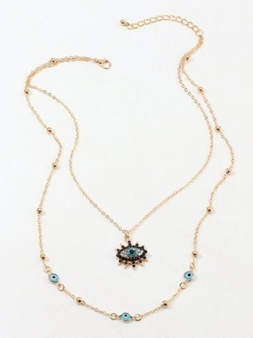 Watchful Evil Eye Symbol Gold & Blue Double Layered Necklace
